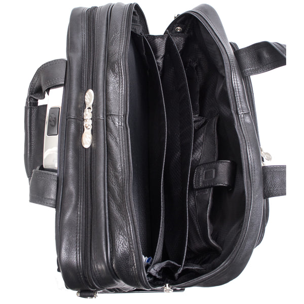 Gold Coast - 17” Premium Black Leather Rolling Laptop Bag - Top View