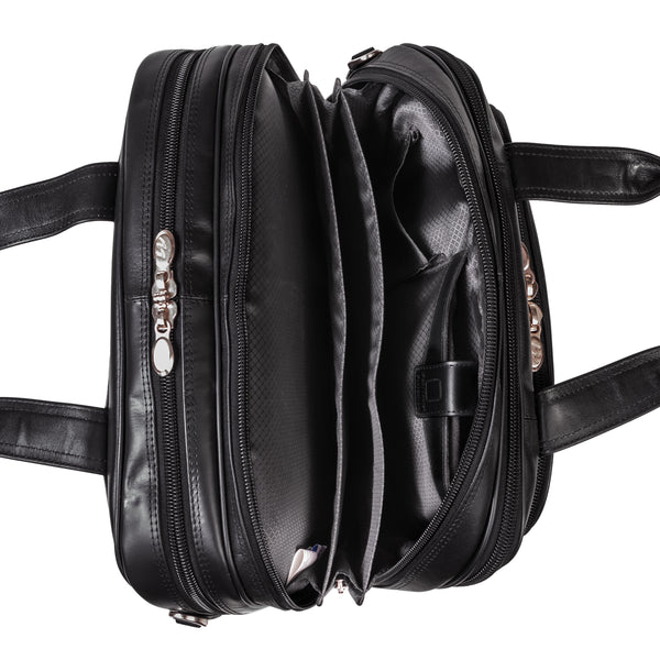 17” Detachable-Wheeled Black Leather Laptop Case - Stylish Damen