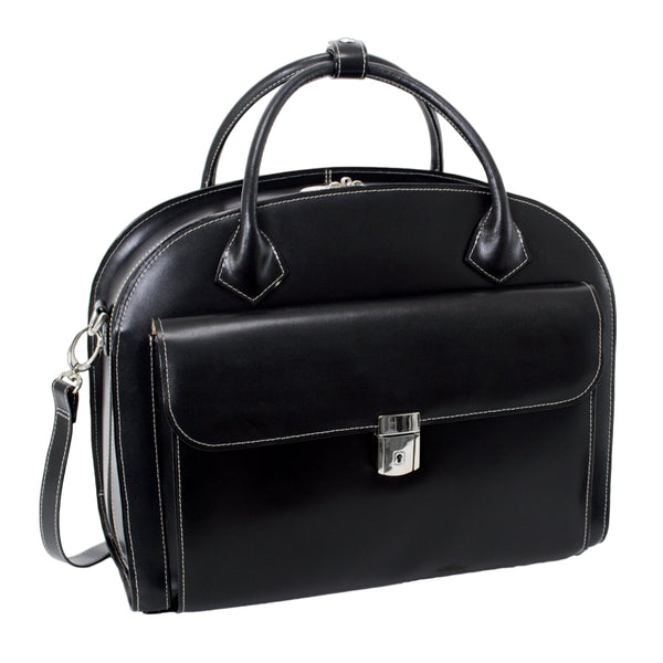 Professional 15” Detachable-Wheeled Black Leather Laptop Case - Glen Ellyn