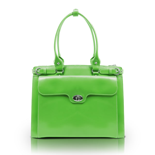 15” Green Leather Laptop Briefcase - Front View