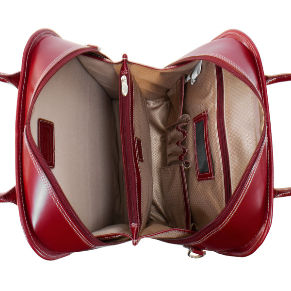 La Grange - 15” Premium Red Leather Rolling Laptop Bag - Top View