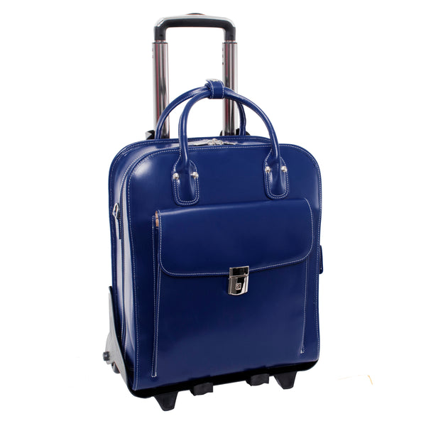 15” Blue Leather Vertical Detachable-Wheeled Laptop Case - La Grange Front View