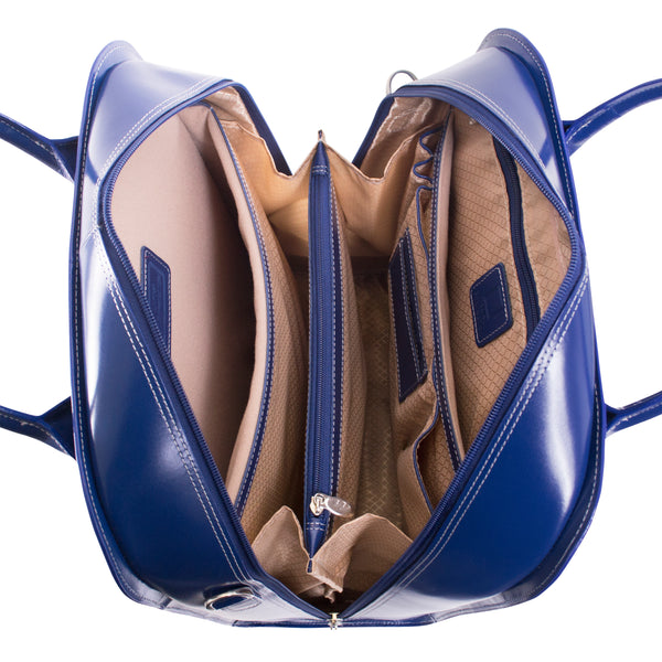 La Grange - 15” Premium Blue Leather Rolling Laptop Bag - Top View