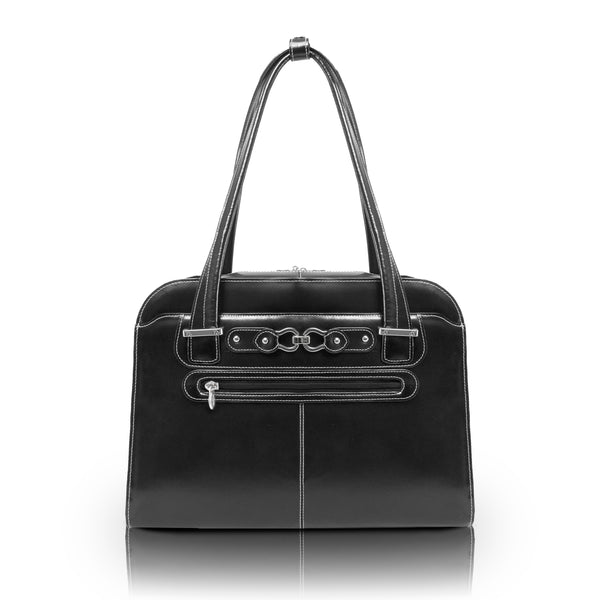 15” Black Leather Laptop Briefcase - Front View