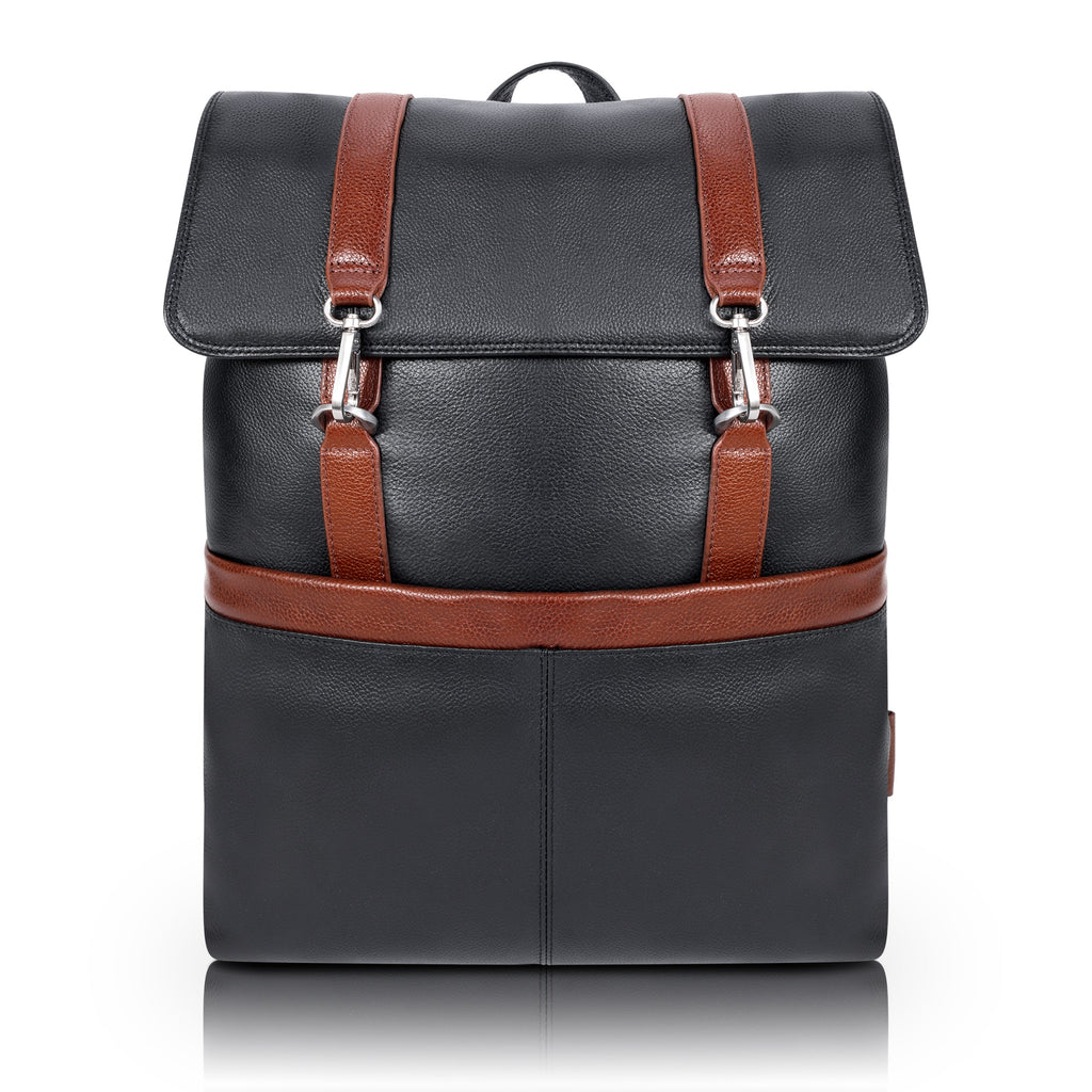 black and brown 2 tone leather backpack McKlein Element 17" Leather, Two-Tone, Flap-Over, Laptop & Tablet Backpack Black