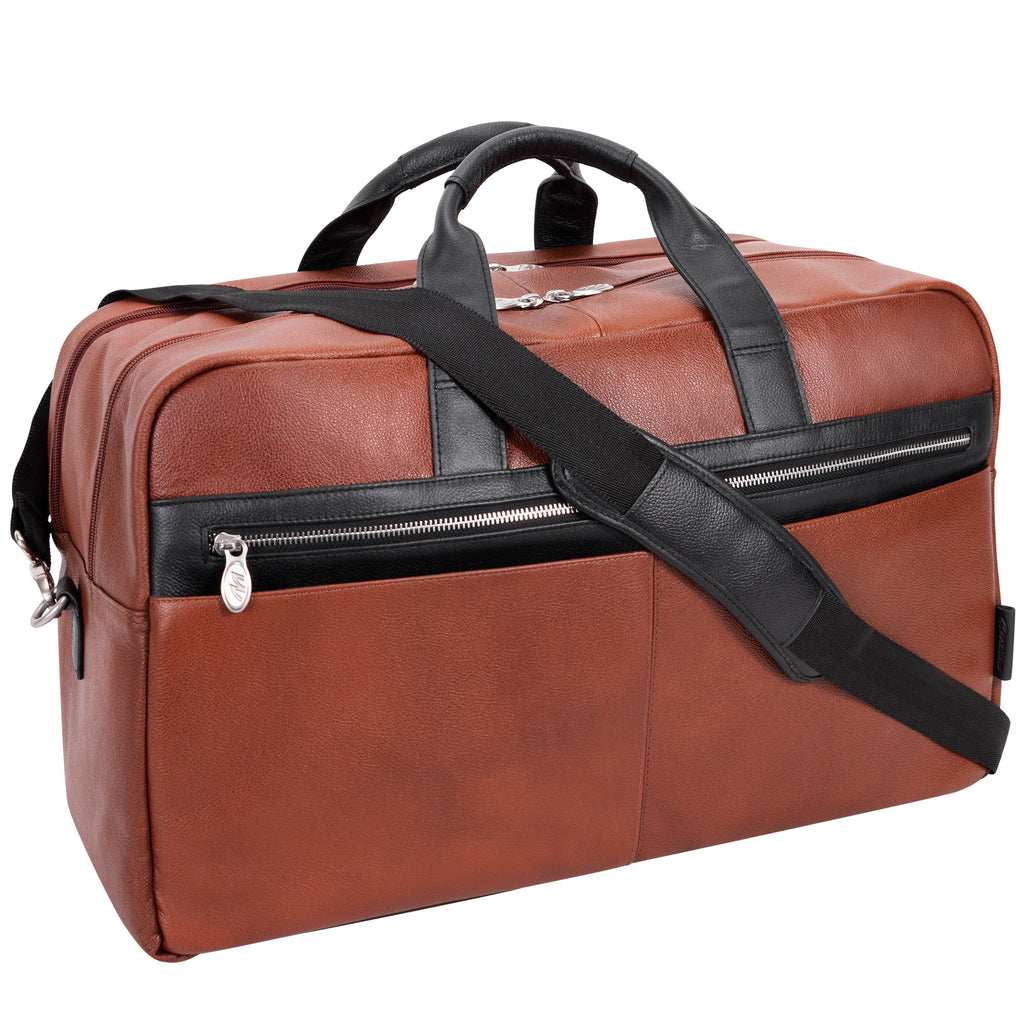 leathario men's leather luggage wheeled duffle leather travel bag McKlein Wellington 21" Leather, Two-tone, Dual-Compartment, Laptop & Tablet Carry-All Duffel Bag Brown