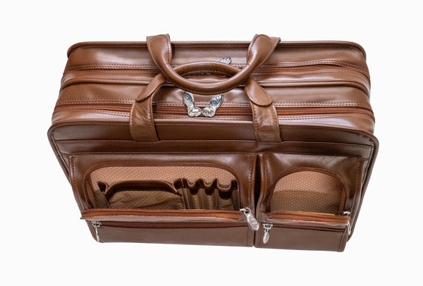 Clinton - 17” Premium Brown Leather Wheeled Laptop Case