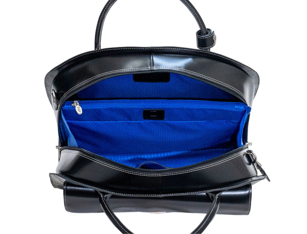Glen Ellyn - 15” Premium Black Leather Rolling Laptop Bag - Top View