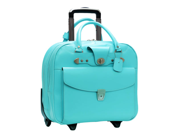 Leather Wheeled Ladies Laptop Case (Pink & Aqua Blue)