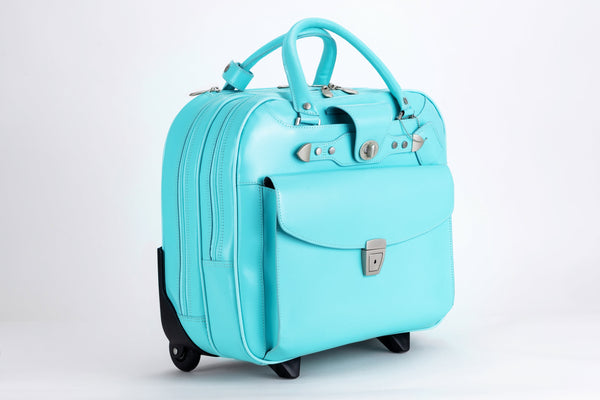 Leather Wheeled Ladies Laptop Case (Pink & Aqua Blue)
