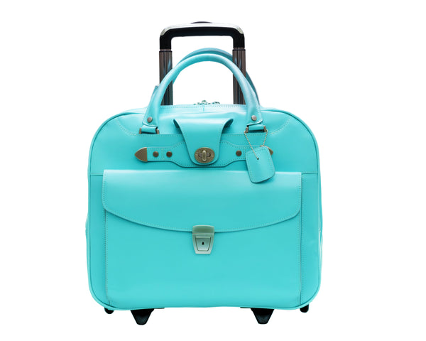 Leather Wheeled Ladies Laptop Case (Pink & Aqua Blue)