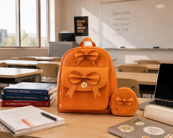 Leather Bow Backpack (Orange, Aqua Blue & Pink)