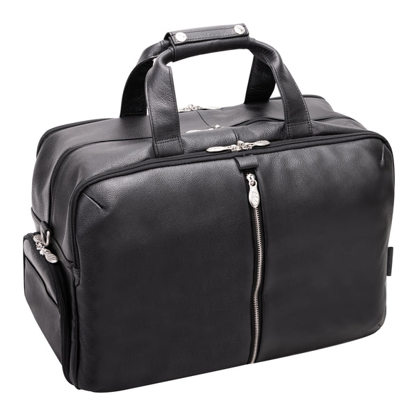 17" Black Leather Carry-All Duffel Front View