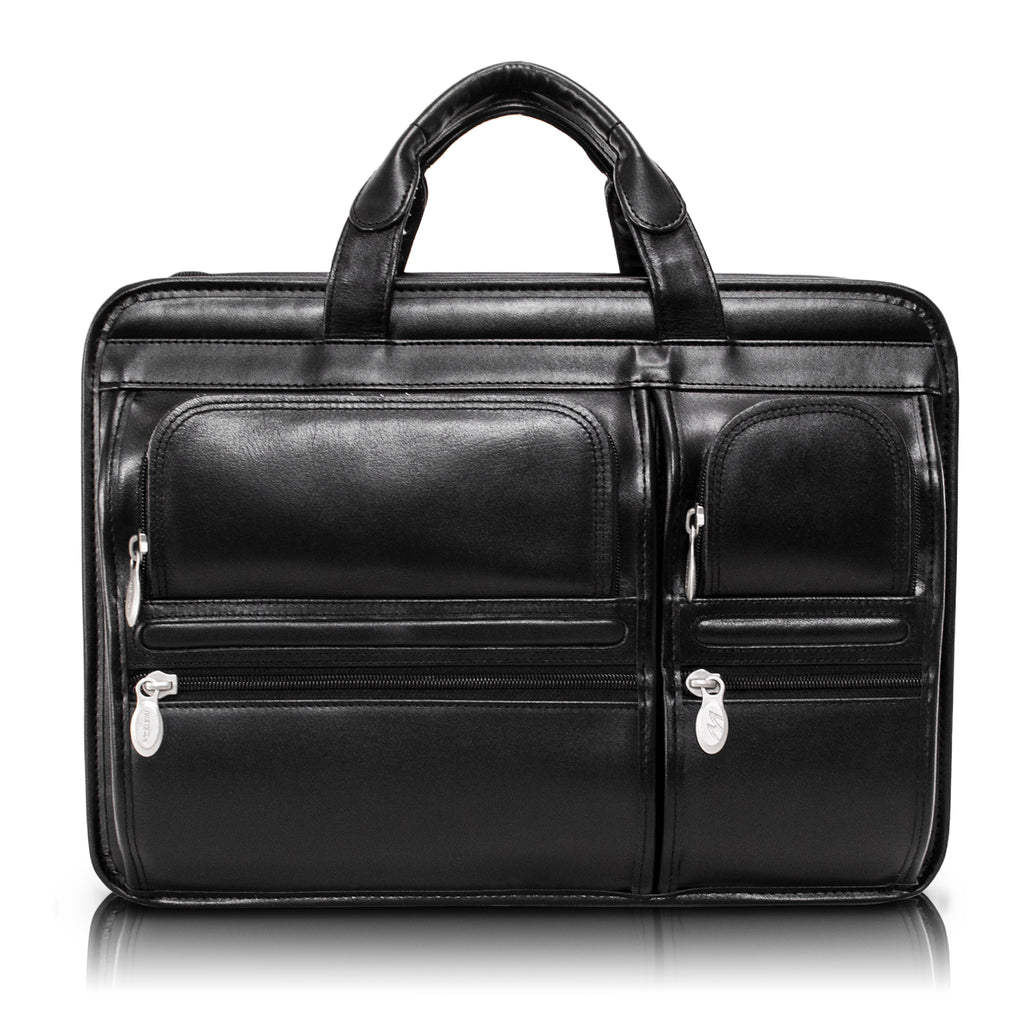 MCKLEIN Hubbard Black Leather Dual-Compartment Laptop Briefcase Bag