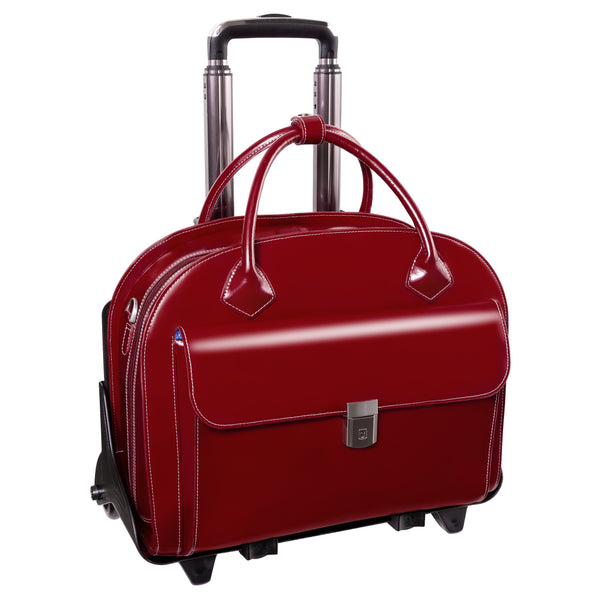 15” Red Leather Detachable-Wheeled Laptop Case - Glen Ellyn Front View