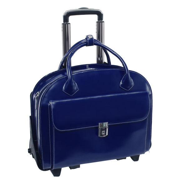 15” Blue Leather Detachable-Wheeled Laptop Case - Glen Ellyn Front View