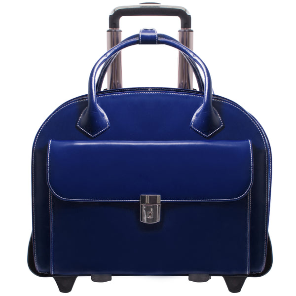 Sleek 15” Blue Leather Wheeled Laptop Case - Glen Ellyn Chic