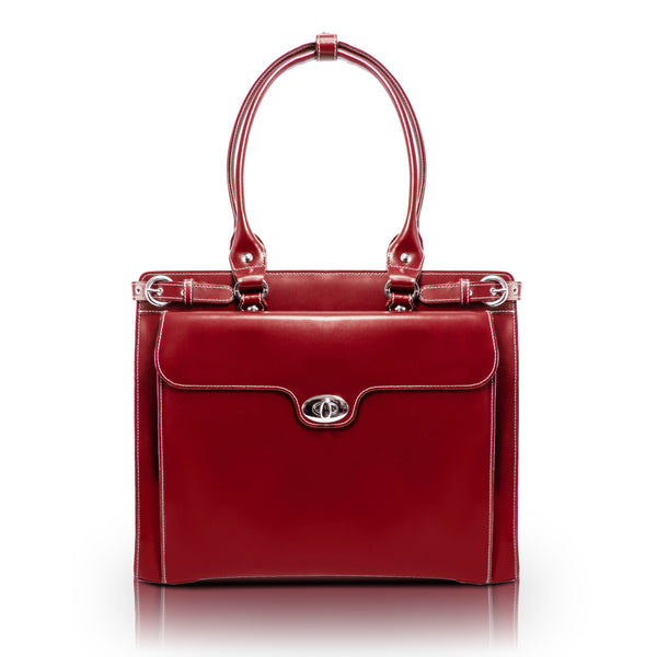 Stylish 15” red Leather Laptop Briefcase - Front View