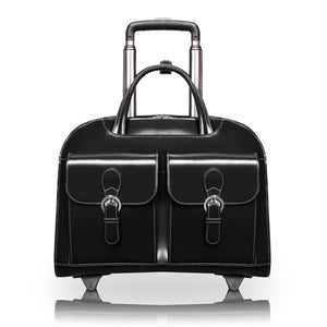 Black Leather Wheeled Laptop Bag - Organizer Pockets