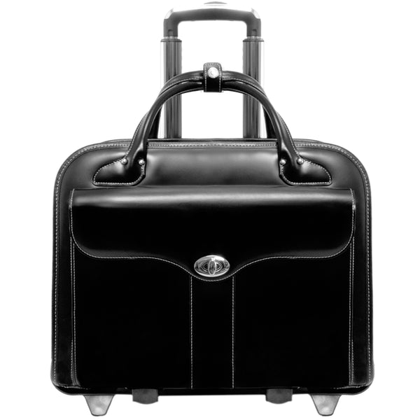 Elegant 15” Black Leather Detachable-Wheeled Laptop Case - Berkeley