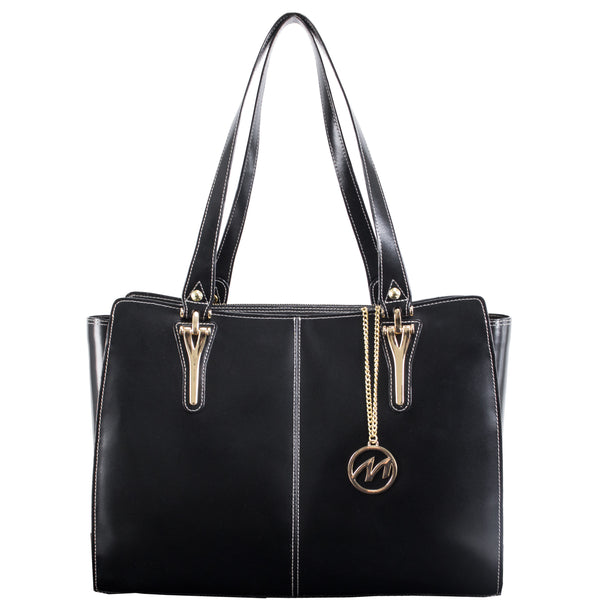 Top-Handle Black Leather Laptop Tote - Glenna